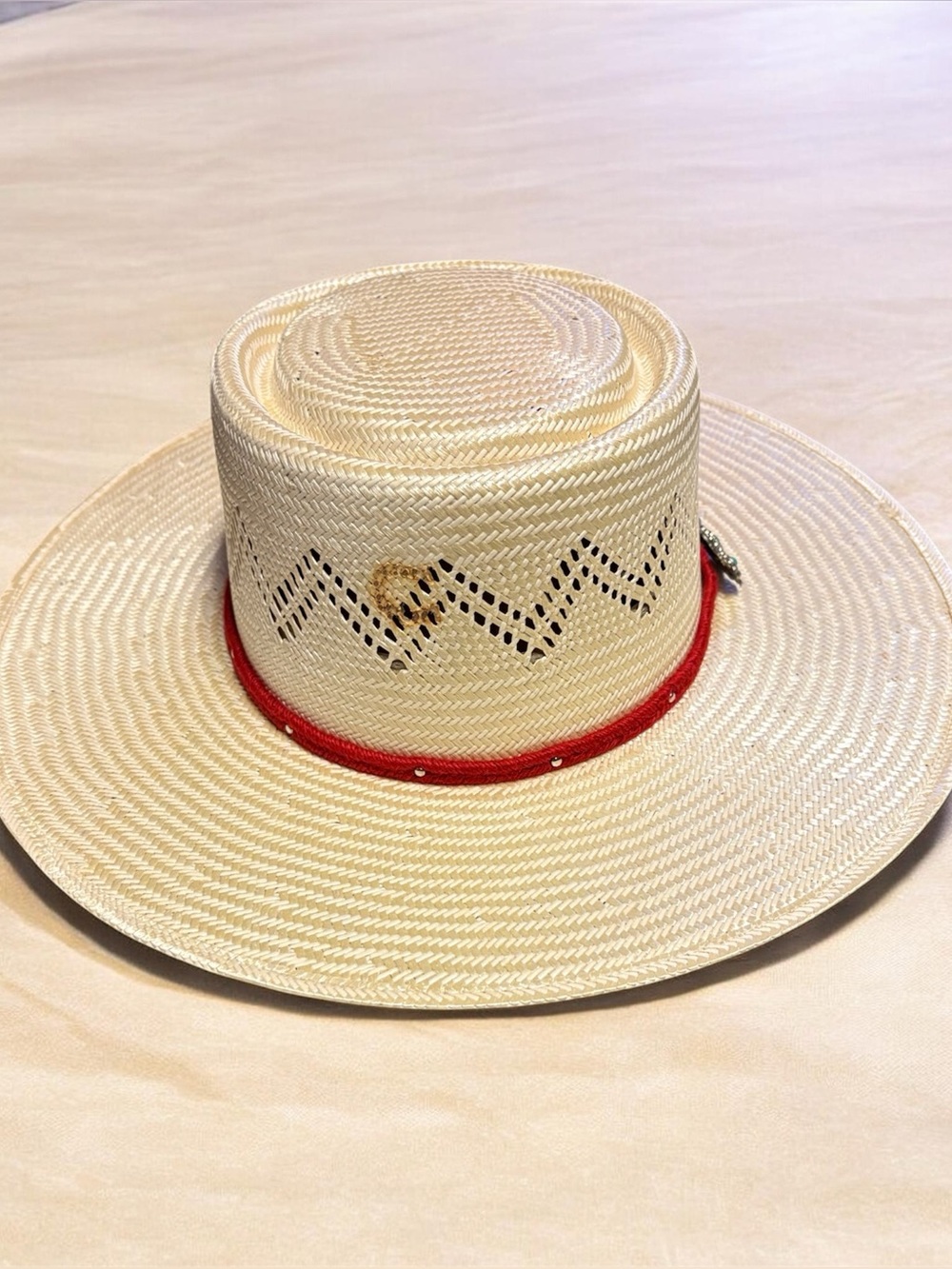 Natural Straw Wide-Brim Hat with Red Band Accent